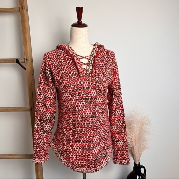 Artesania Sweater 15% Alpaca Red Orange Hooded Lace-up V-neck. NWOT Size S - Picture 1 of 7